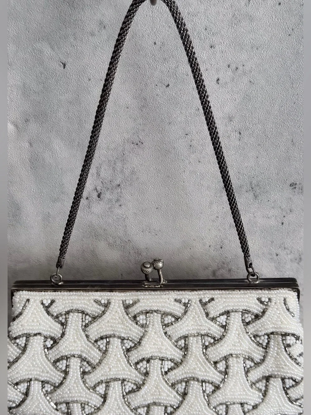 VTG Beaded Clutch Evening Bag Off Wht Silver Geometric Art Deco Purse Chain Str